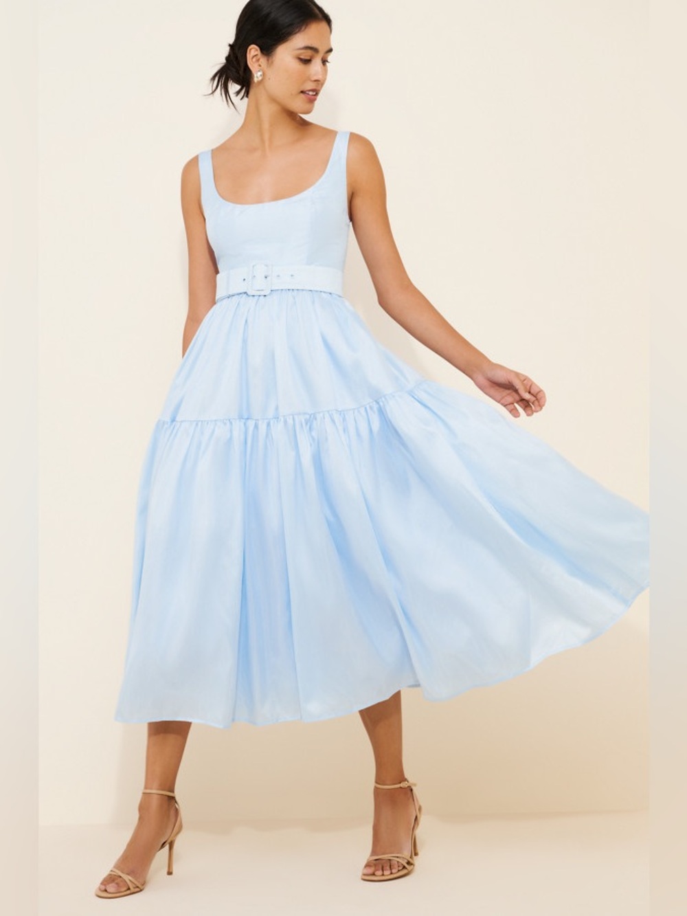 Hutch Alice Belted Midi‎ Dress Tiered Sleeveless Blue Size 12